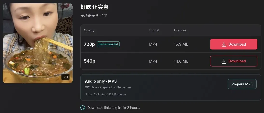 Actual video cover, title, creator, duration and file sizes
