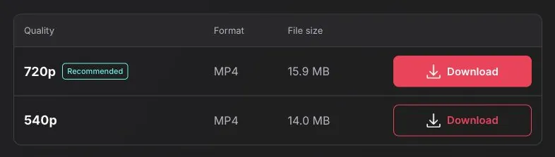 Actual 720p and 540p quality table